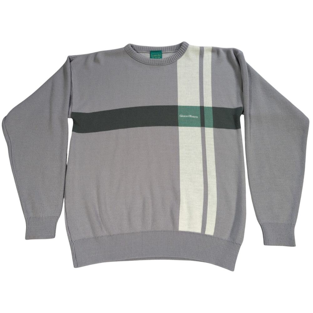 VTG Canda Made in UK Gray Stripe Knit Sweater Crewneck 100% Acrylic Men's 38